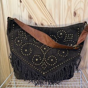 Scully Dark Brown Studded Fringe Shoulder Bag